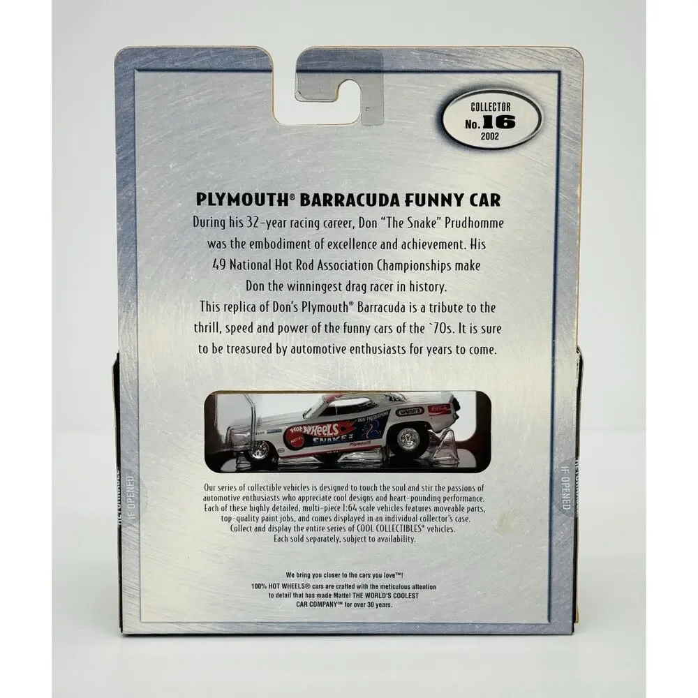 100% Hot Wheels Plymouth Barracuda Snake Funny Car White 54511 Black Box Sealed